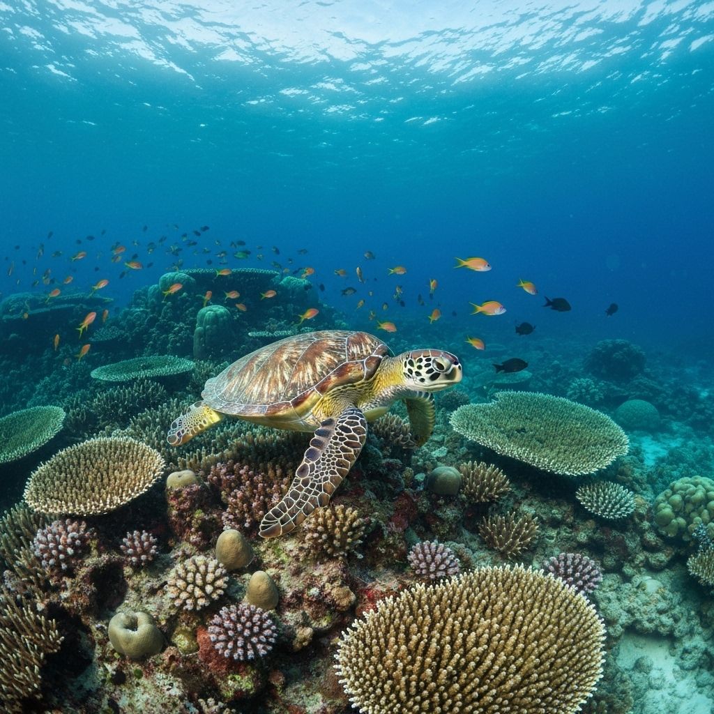 Sea turtle swimming over vibrant coral reef at Apo Island Marine Sanctuary