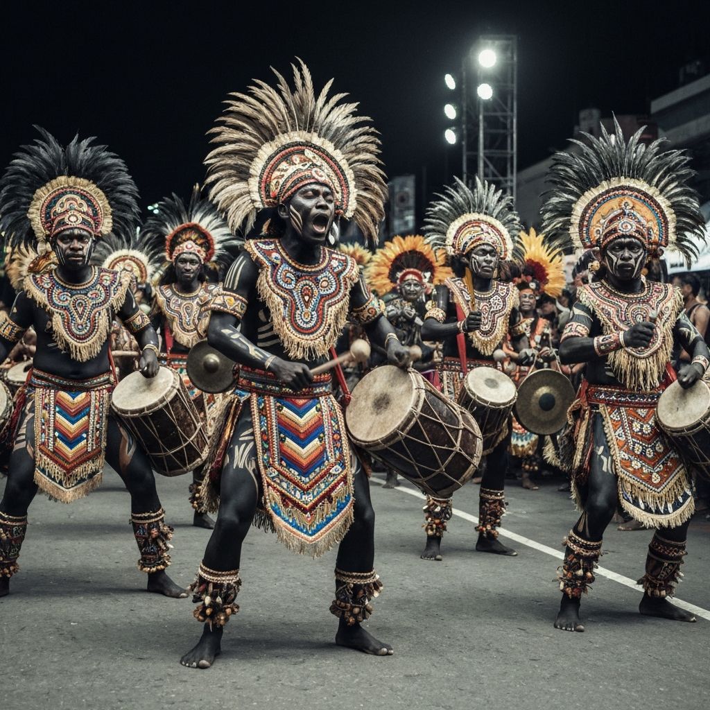 Dinagyang Festival Iloilo street dancers in elaborate tribal costumes performing Ati-Atihan