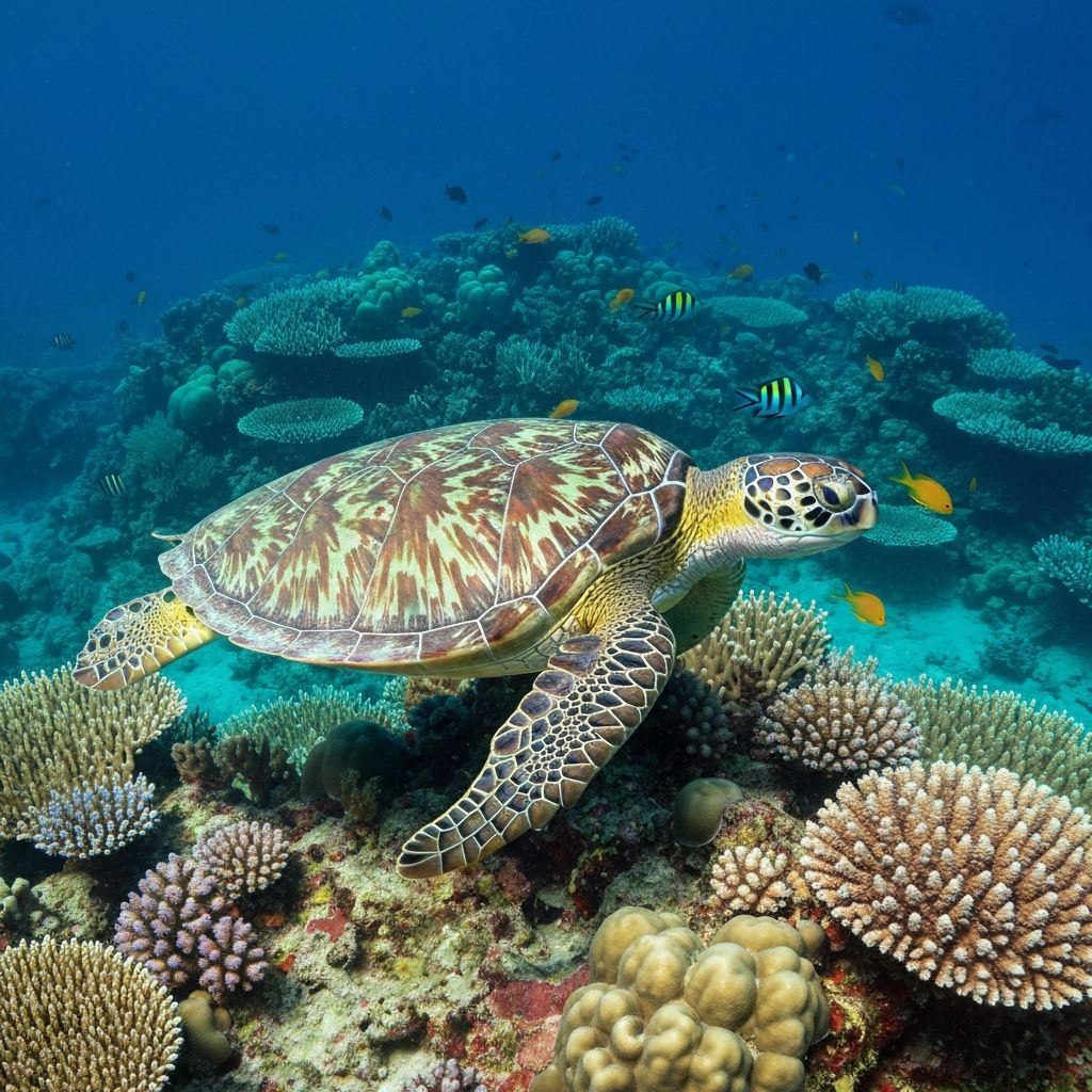 Green sea turtle swimming near coral reef in Moalboal