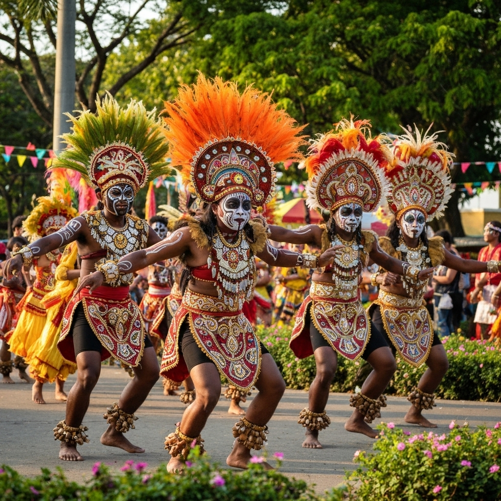 Ati-Atihan Festival dancers in colorful traditional costumes