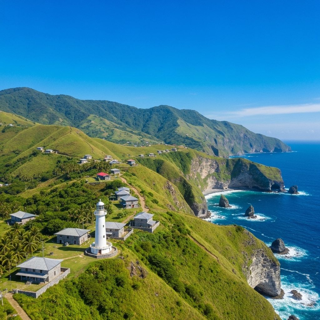 Batanes rolling green hills with traditional stone houses and lighthouse
