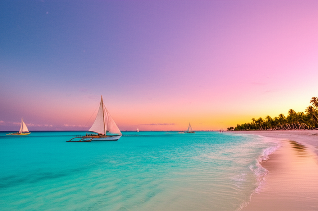 Boracay White Beach with powdery sand and paraw sailboats