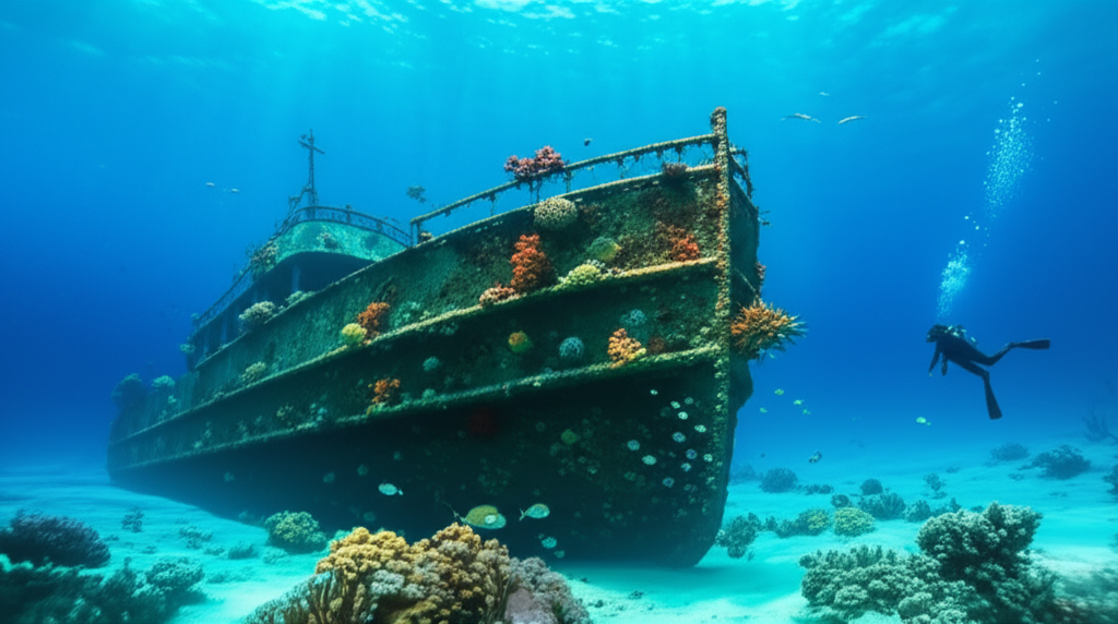 Diver near a WWII wreck in Coron