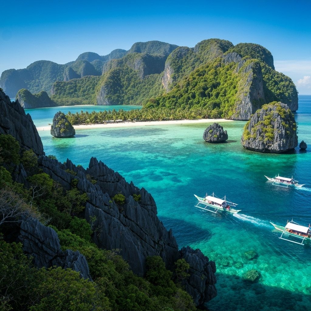 El Nido Palawan island hopping tour featuring dramatic limestone cliffs, crystal clear turquoise waters, traditional Filipino bangka boats, tropical islands, and pristine beaches