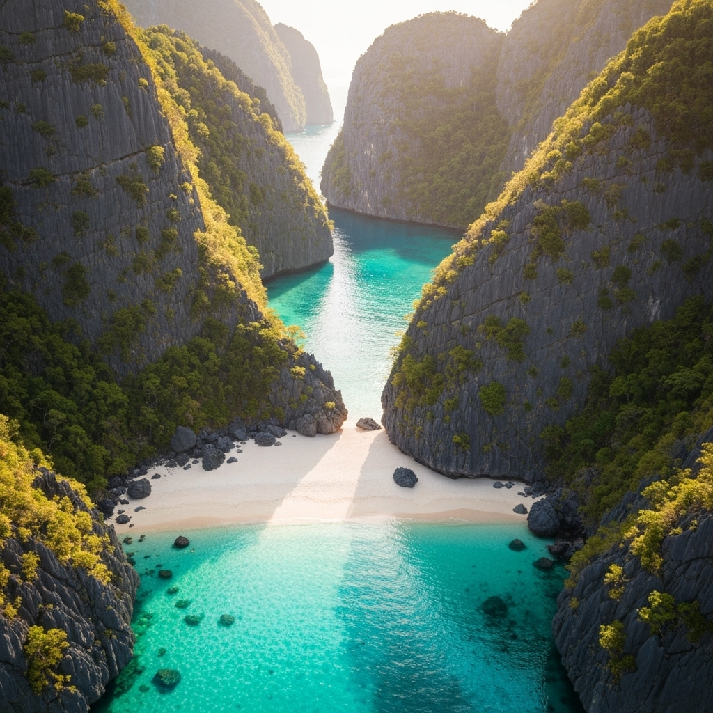 Hidden Beach El Nido - Secluded pristine beach surrounded by towering limestone cliffs and crystal-clear lagoon waters