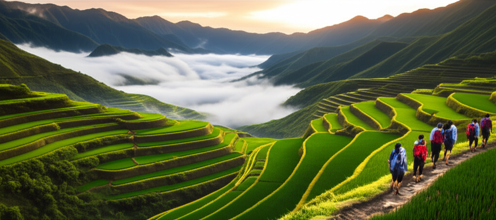 Hikers with mountain views and rice terraces
