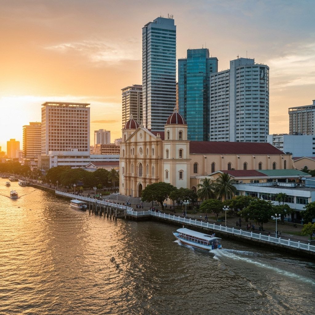 Iloilo City's historic Molo Church and modern skyline along the Iloilo River
