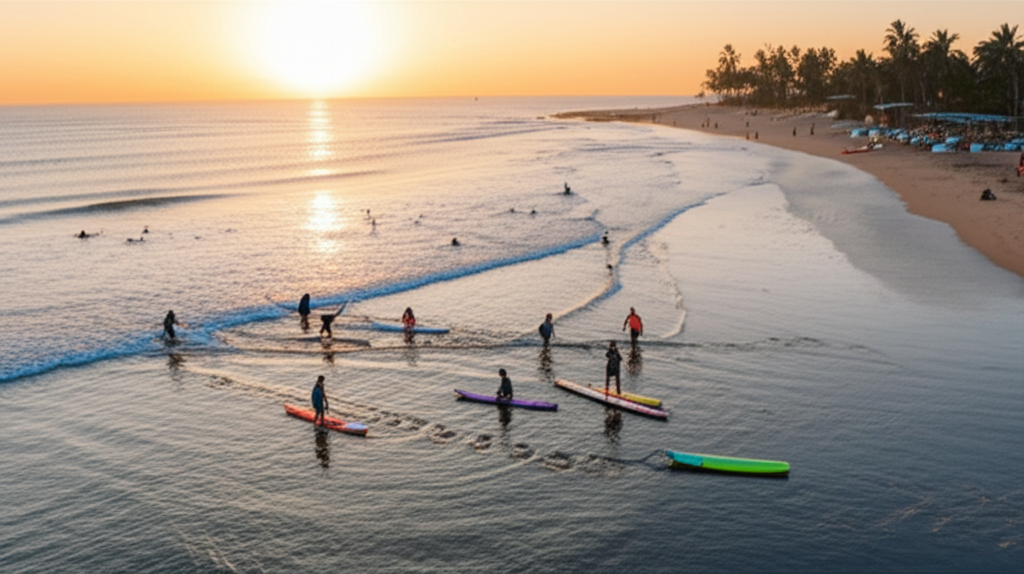 La Union Urbiztondo Beach with surfers and golden sunset