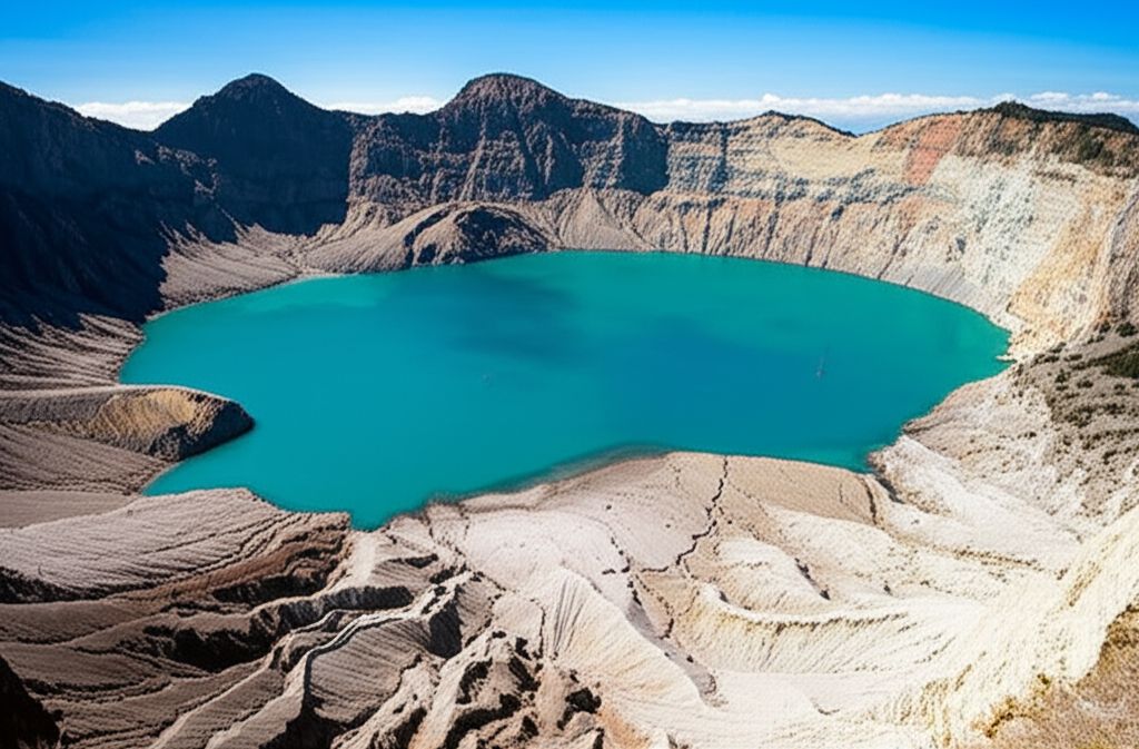 Turquoise Mt. Pinatubo crater lake surrounded by cliffs