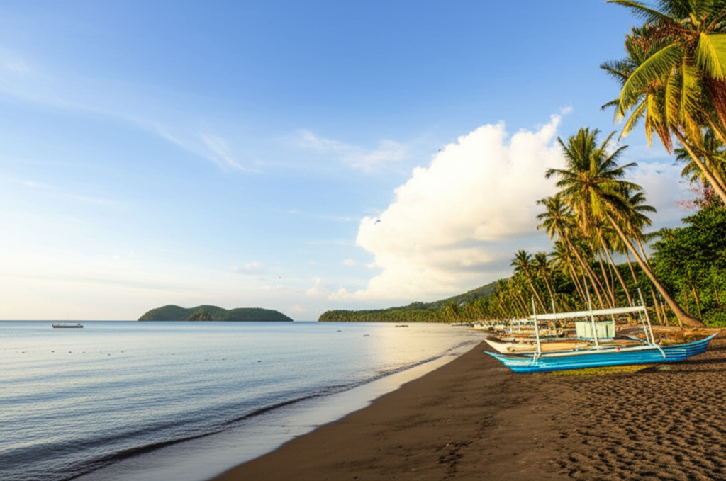 Dauin Negros Oriental black sand beach with traditional bancas