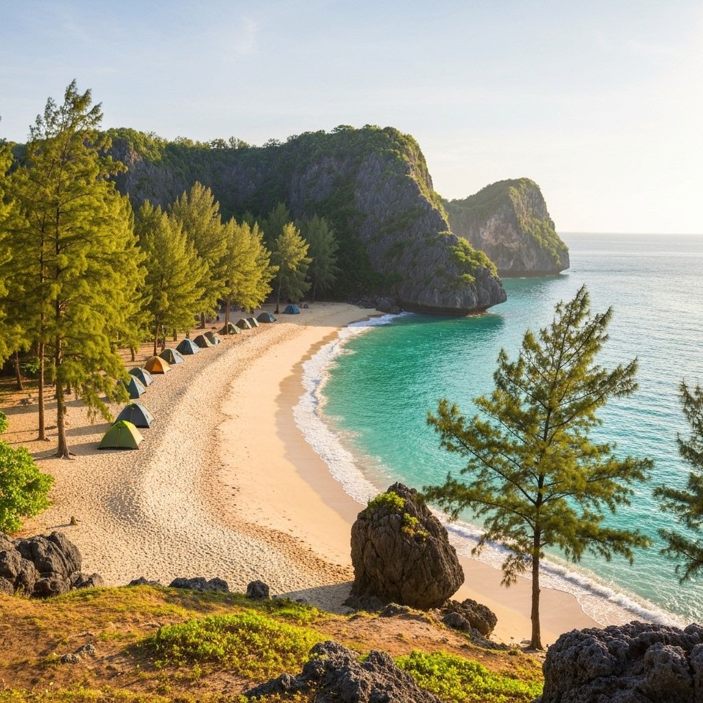 Anawangin Cove with agoho trees and volcanic sand beach