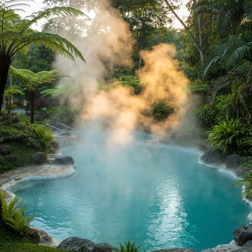 Los Baños hot spring pool with steam rising