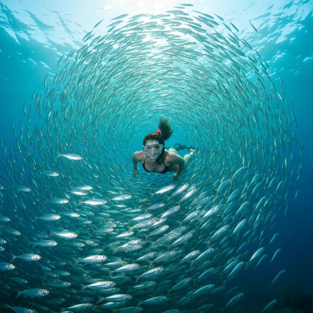 Moalboal sardine run - snorkeler surrounded by millions of sardines