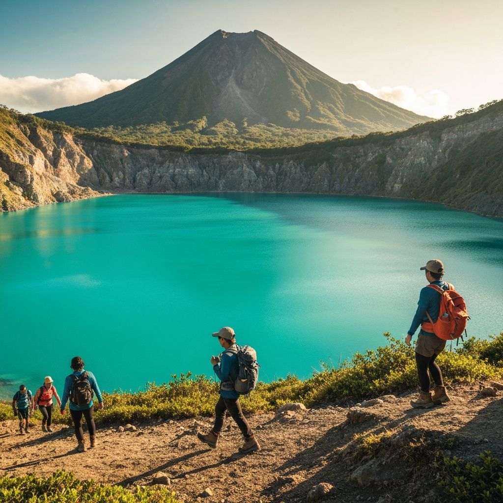 Mt. Pinatubo crater lake with turquoise water surrounded by volcanic landscape