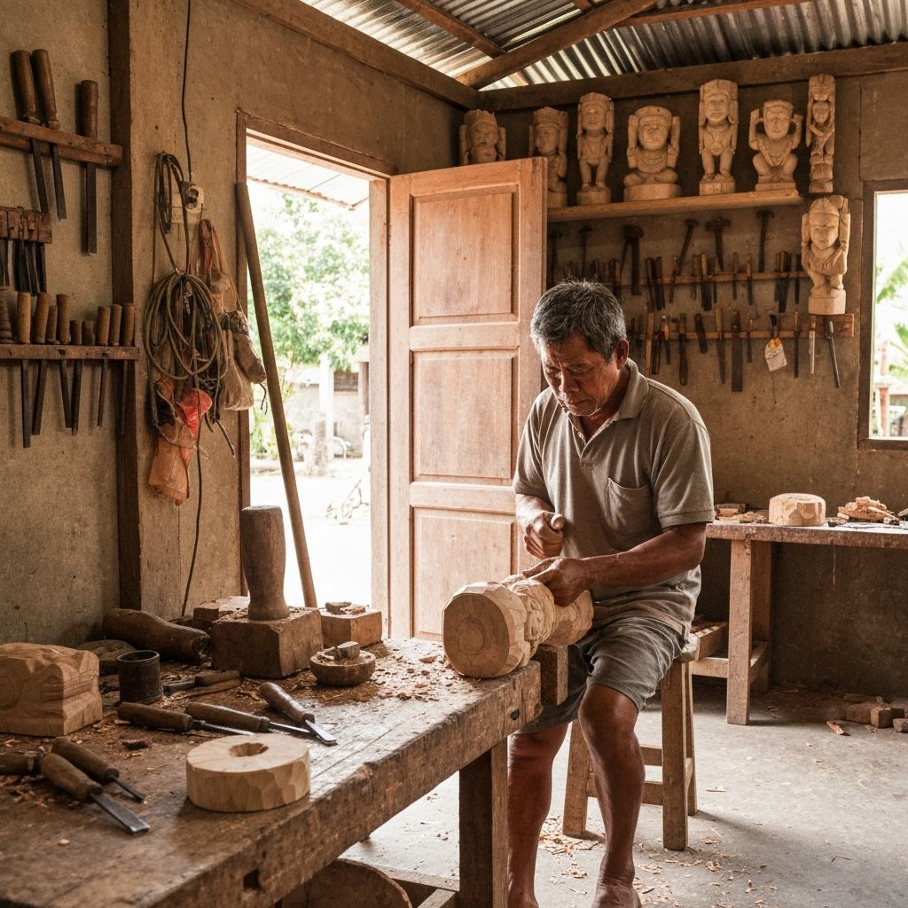 Artisan carving wood in Paete workshop