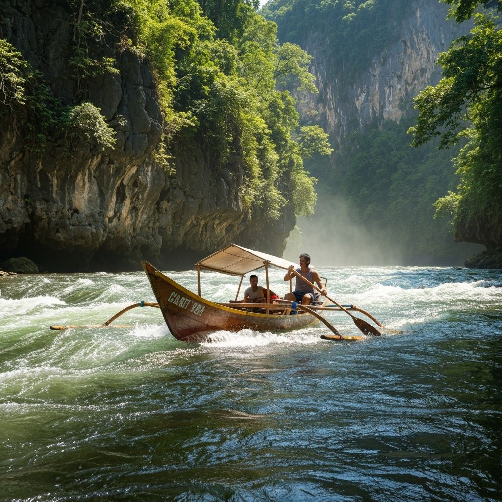 Traditional boat navigating rapids towards Pagsanjan Falls