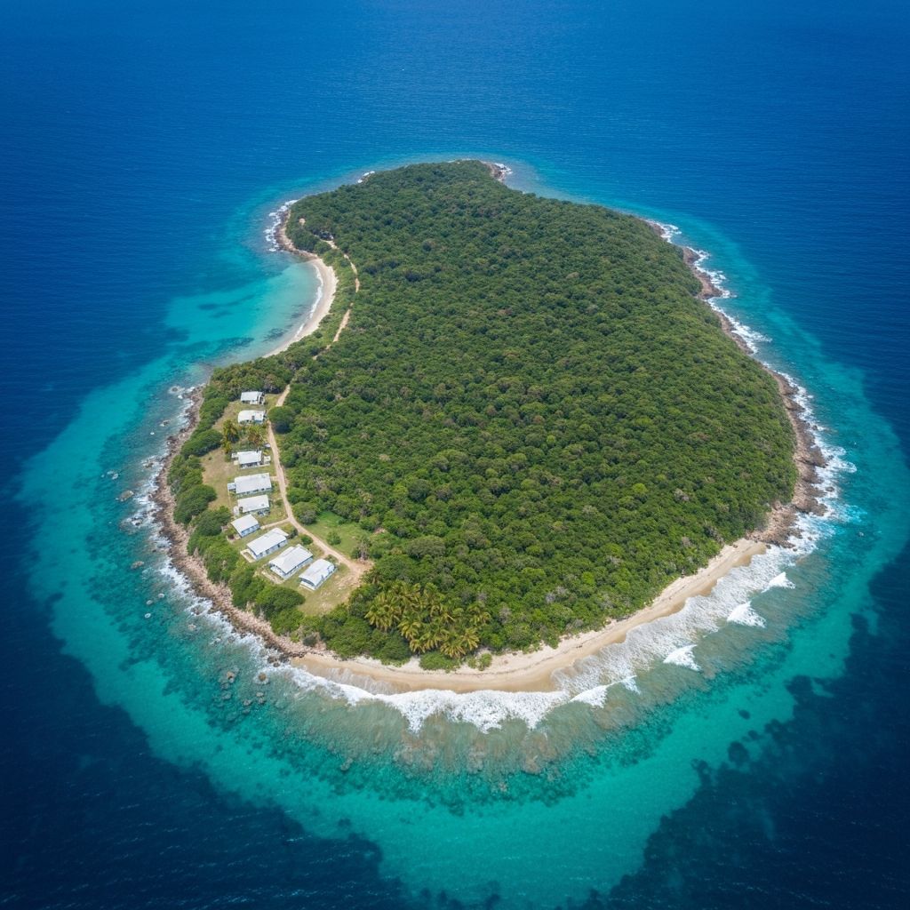 Pescador Island aerial view - small island in blue waters